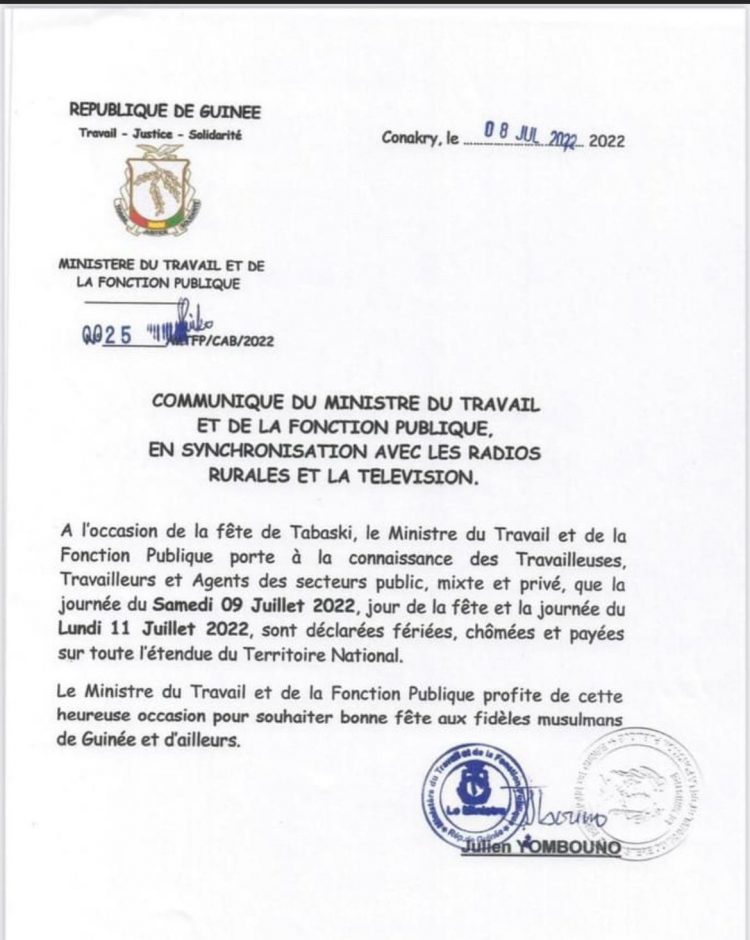 Fête de Tabaski: les journées de Samedi et de Lundi, déclarées fériées (Communiqué)