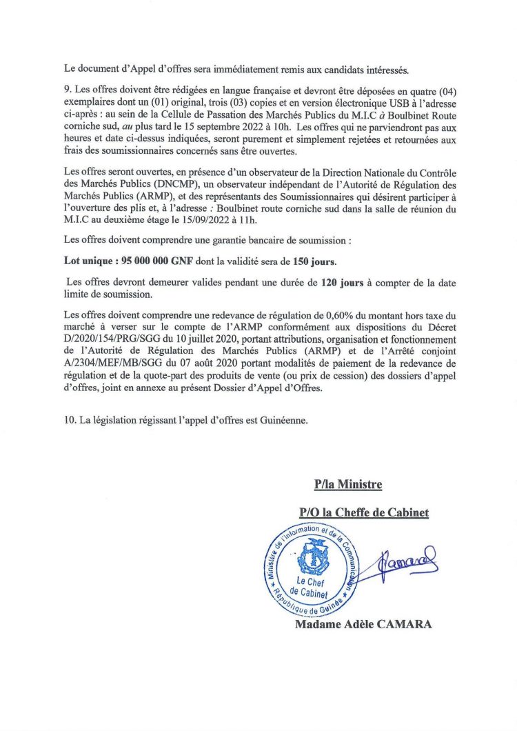 Avis de relance de l’appel d’offres ouvert national (AAO13) du ministère de l’Information et de la Communication