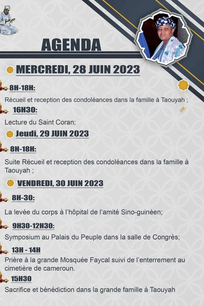 Voici le programme des obsèques de Hadja Rabiatou Serah Diallo