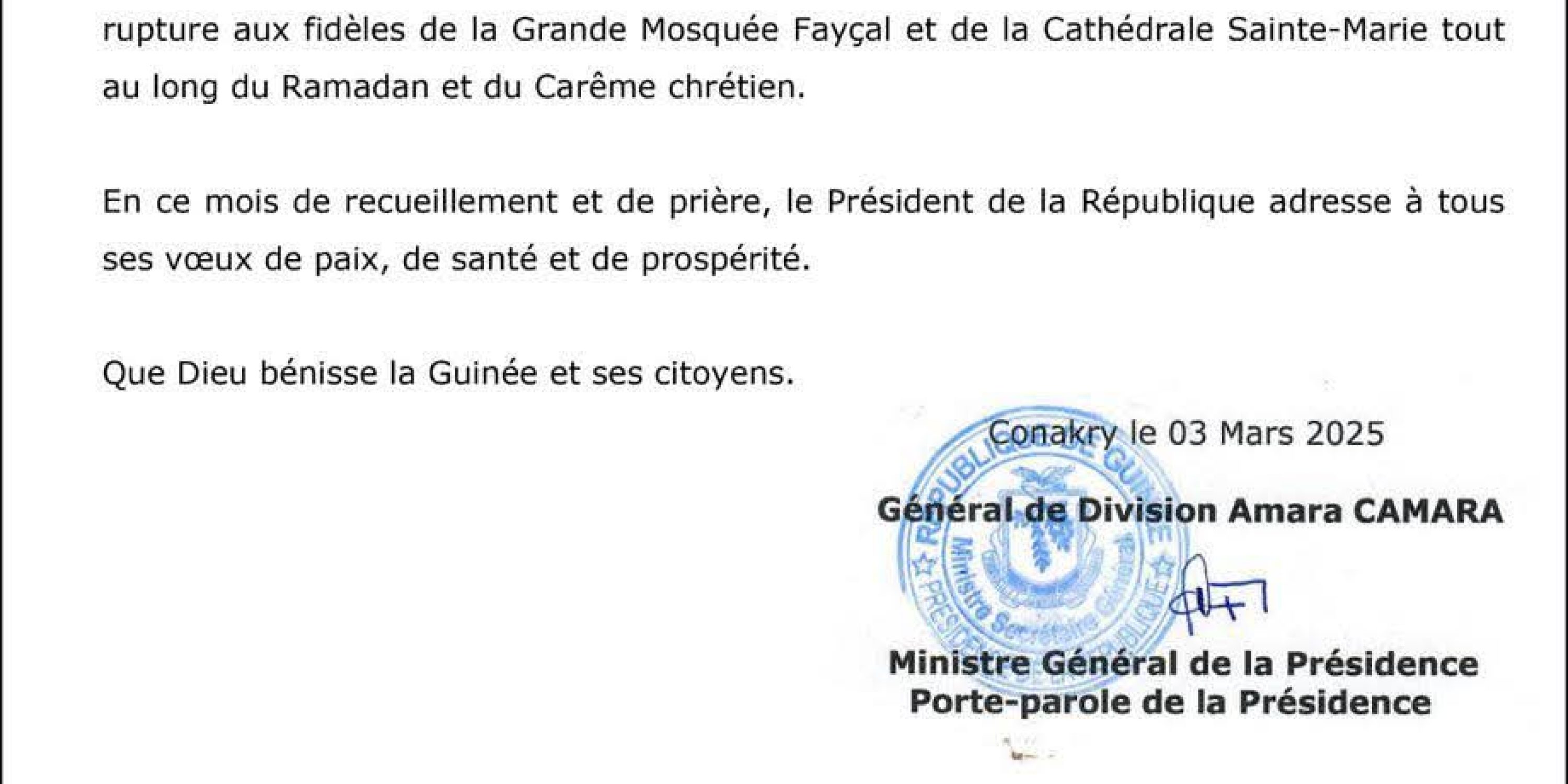 Solidarité présidentielle pendant le Ramadan et le Carême chrétien : Gl Doumbouya offre des déjeuners de rupture aux fidèles musulmans et chrétiens