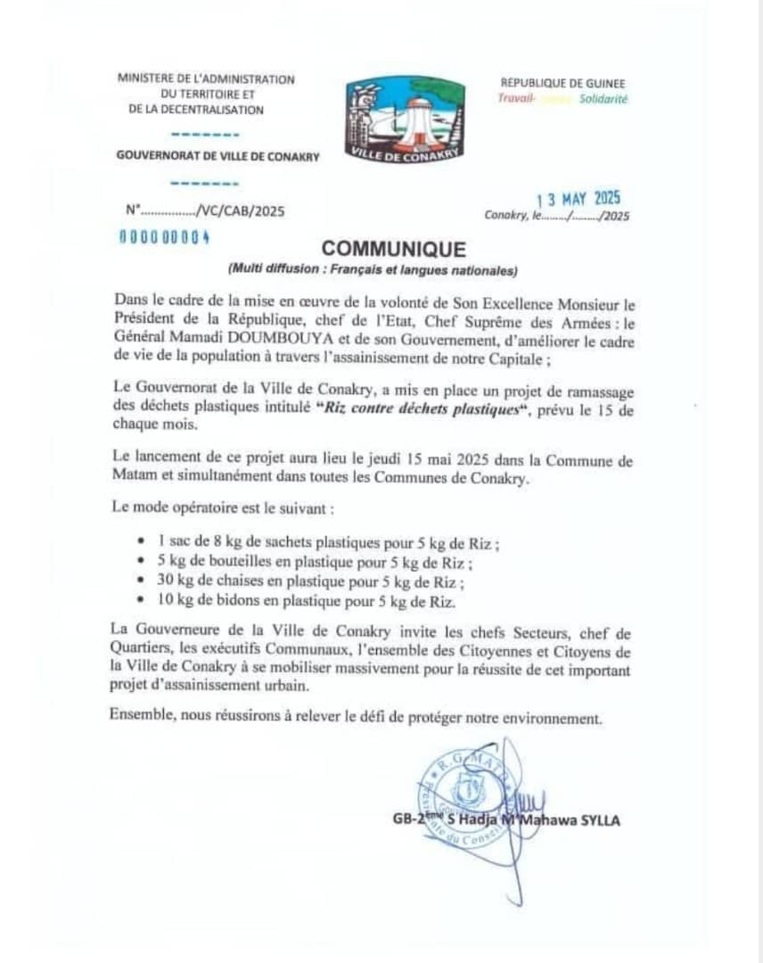 Lutte contre les déchets plastiques à Conakry : Du riz en échange de plastique