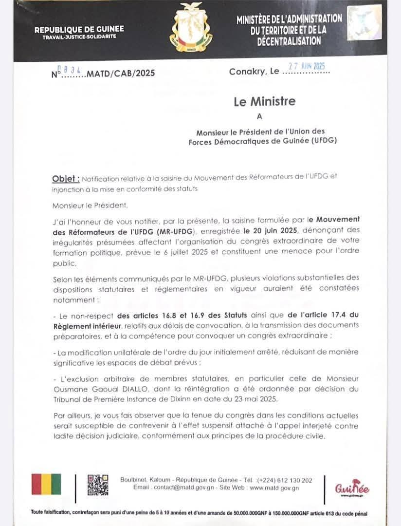 Urgent : Le MATD appelle l'UFDG à surseoir son congrès du 6 juillet 