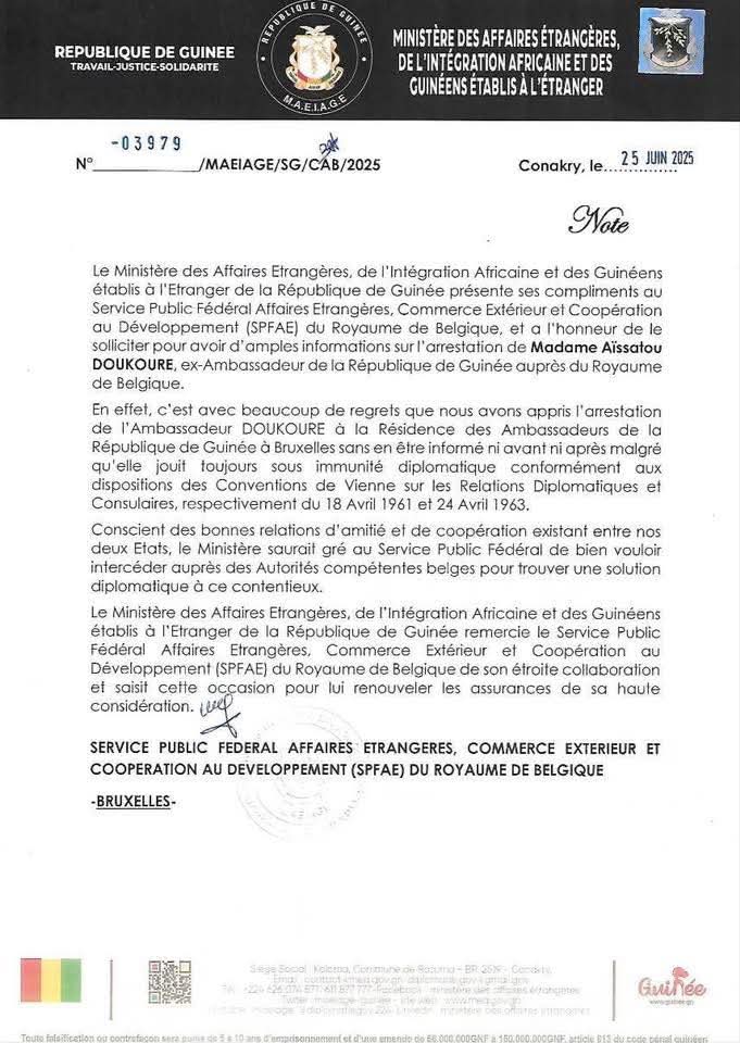 Arrestation de l’ex-ambassadrice Aïssatou Doukouré à Bruxelles : la Guinée demande des explications officielles à la Belgique