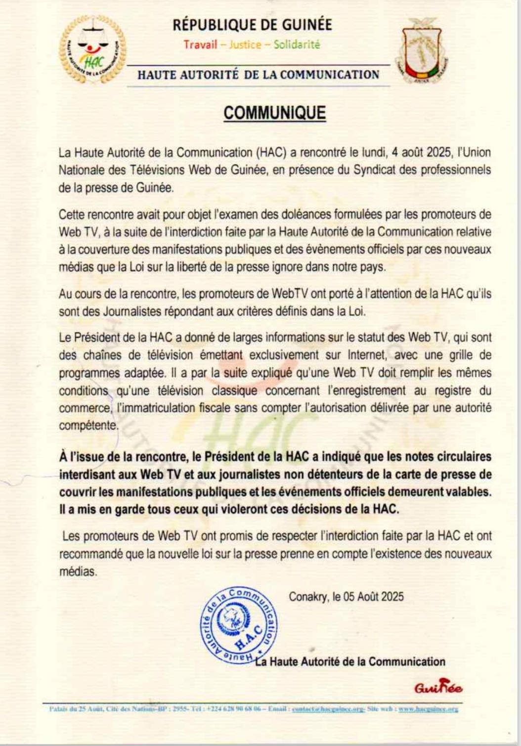 La HAC réitère l'interdiction des Web TV et met en garde