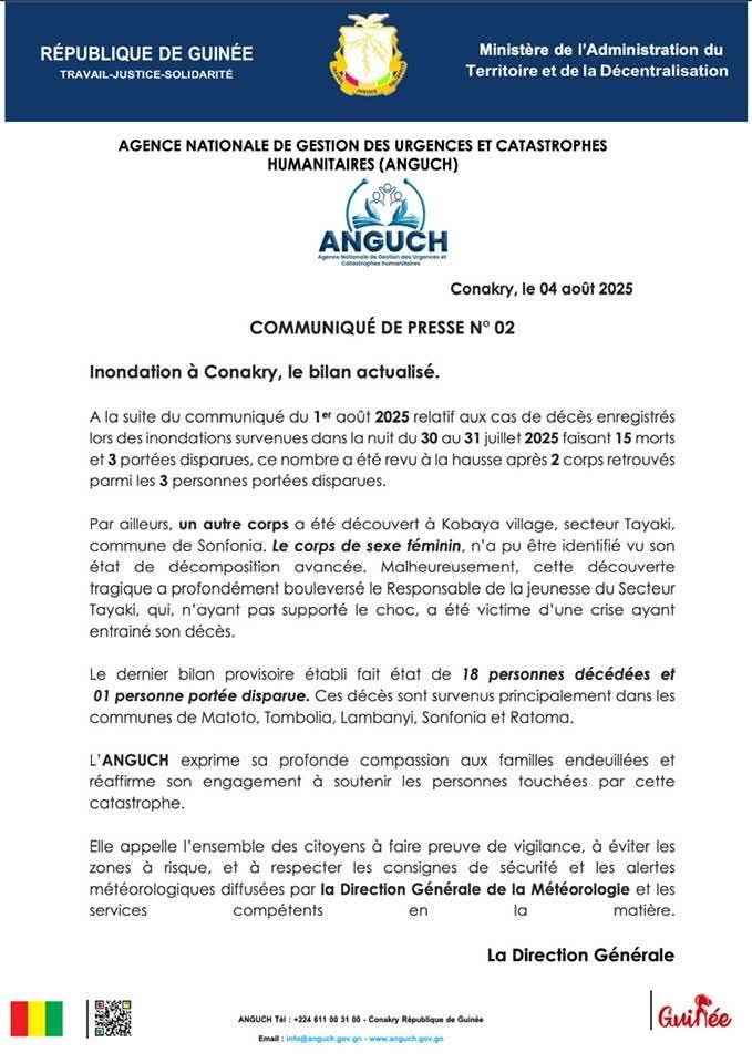 Inondations à Conakry : le bilan s’alourdit à 18 morts et un disparu, selon l’ANGUCH