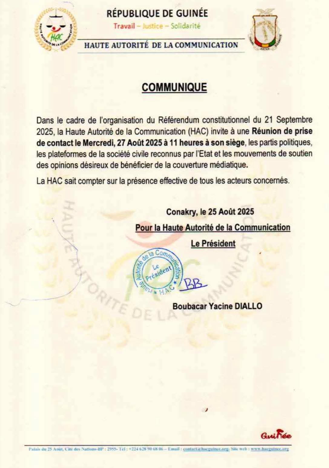 Référendum constitutionnel : La HAC invite les partis politiques, la société civile reconnue par l'État, et les mouvements de soutien à une réunion de prise de contact ce mercredi, 27 août 2025