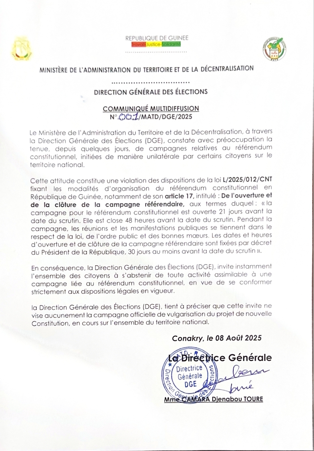 Référendum constitutionnel : Le MAT à travers la DGE met en garde contre les campagnes anticipées