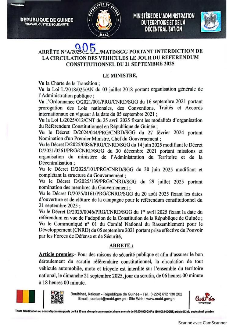 Scrutin référendaire : le MATD interdit la circulation des engins sur toute l’étendue du territoire