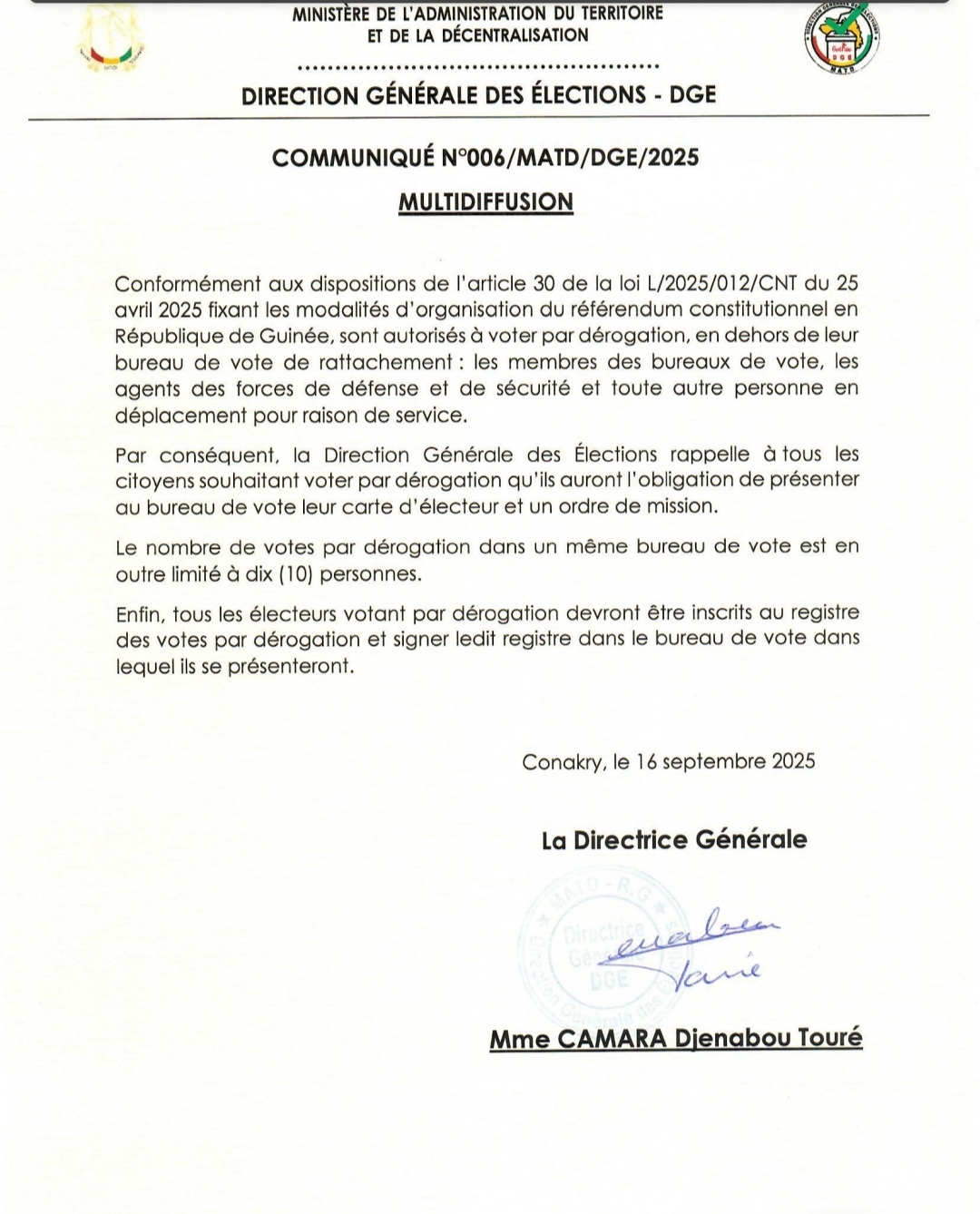 Scrutin référendaire du 21 septembre : la DGE apporte des précisions sur les conditions du vote par dérogation