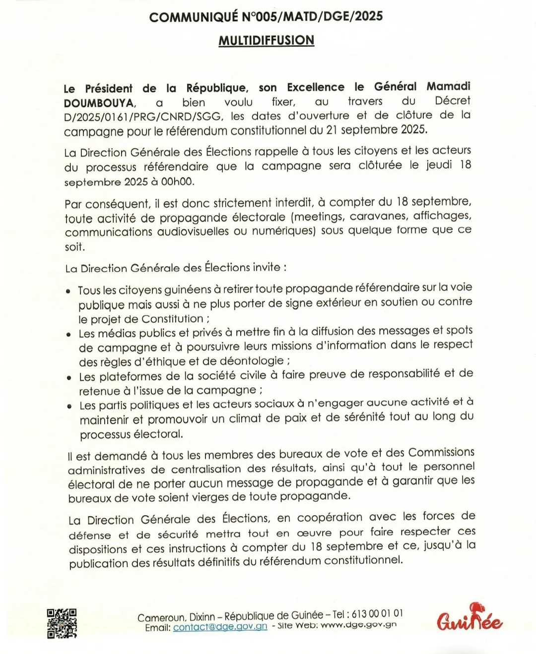 Clôture de la campagne référendaire : la DGE rappelle l’interdiction à partir du 18 septembre
