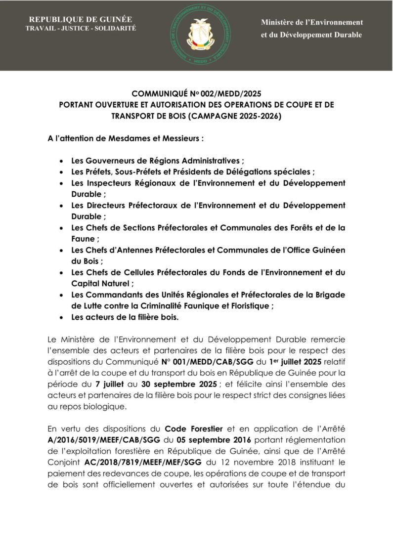 Environnement : Les autorités annoncent la levée de l’interdiction de coupe et de transport de bois