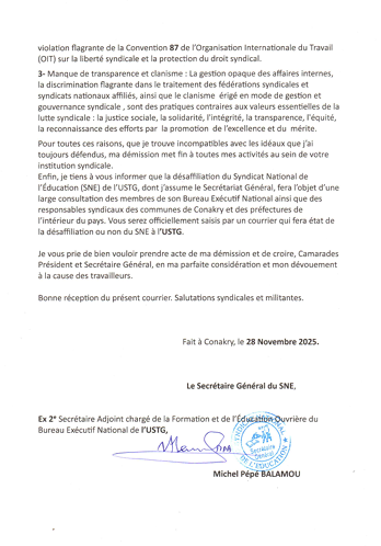 Démission de Michel Pépé Balamou : le secrétaire général du SNE quitte ses fonctions au sein de l’USTG
