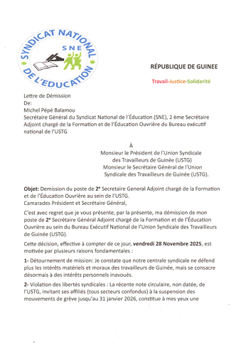 Démission de Michel Pépé Balamou : le secrétaire général du SNE quitte ses fonctions au sein de l’USTG